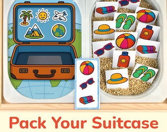 Inserto Flisat "A preparar la maleta": Actividad de emparejamiento para la mesa sensorial Trofast Bins. Plantilla imprimible para viajes de verano para niños pequeños y preescolares.