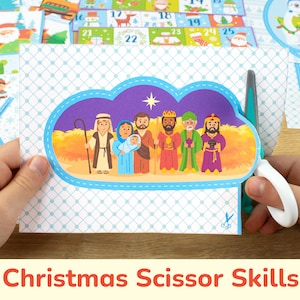 Könnte beinhalten: Eine druckbare Weihnachtsaktivität für Kinder mit einer farbenfrohen Illustration der drei Weisen aus dem Morgenland, die das Jesuskind besuchen. Das Bild befindet sich auf einem blau-weiß gemusterten Hintergrund mit einer gepunkteten Linie um das Bild zum Ausschneiden.