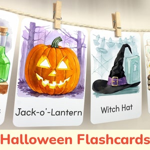 Flashcards de Halloween: arte de parede para impressão de Halloween, decorações de sala de aula, imprimíveis pré-escolares em casa, cartões flash de Halloween