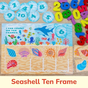 Ocean Ten Frame: Seashell Counting Printable Activity, Preschool Kindergarten Math