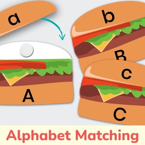 Burger Themed Alphabet. Uppercase and Lowercase Letters Matching Activity. Printable ABCs Learning Puzzle. Home Schooling, Preschool, Pre-K.