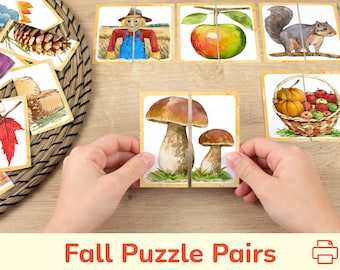 Herbst Saison Puzzle Paare: Druckbare Spielkarten für Kleinkinder. Vorschul-Lernaktivität, Hausschule-Ausdrucke, Lernressource.