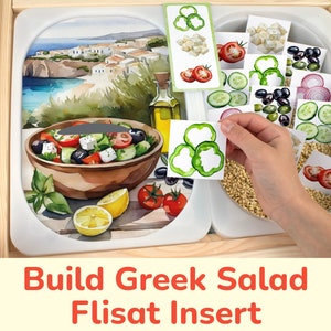 Greek Salad Flisat Insert: Ingredients Matching Activity for Sensory Table Trofast Bins. Toddler, Preschool Healthy Food Printable Template.