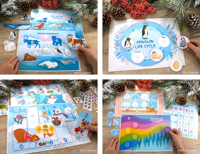 May include: A set of educational games for children featuring arctic animals, penguins, and winter themes. The games include matching, counting, and life cycle activities.