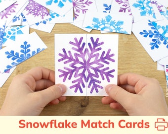 Snowflakes Puzzle Pairs: Printable Match Cards, Winter Snowflake Matching Puzzles, Toddler, Preschool Activity, Homeschool DIY Printables.