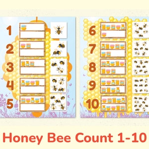 Honeybee Number 1-10 Match Printable Worksheet. Honey Bee Toddler and Preschool Count Activity.
