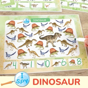 Dinosaurier I Spy Counting Aktivität. Dino Homeschool, Preschool, Pre-K, Kindergarten druckbare Arbeitsblätter. Zähle bis 10 Dinosaurier Aktivitäten