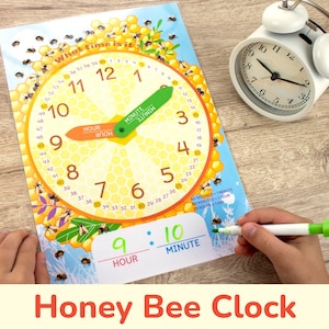 Honey Bee Printable Educational Clock. Learn to Tell Time Worksheet for Kid. Preschool, Pre-K, Kindergarten Circle Time Learning Activity.