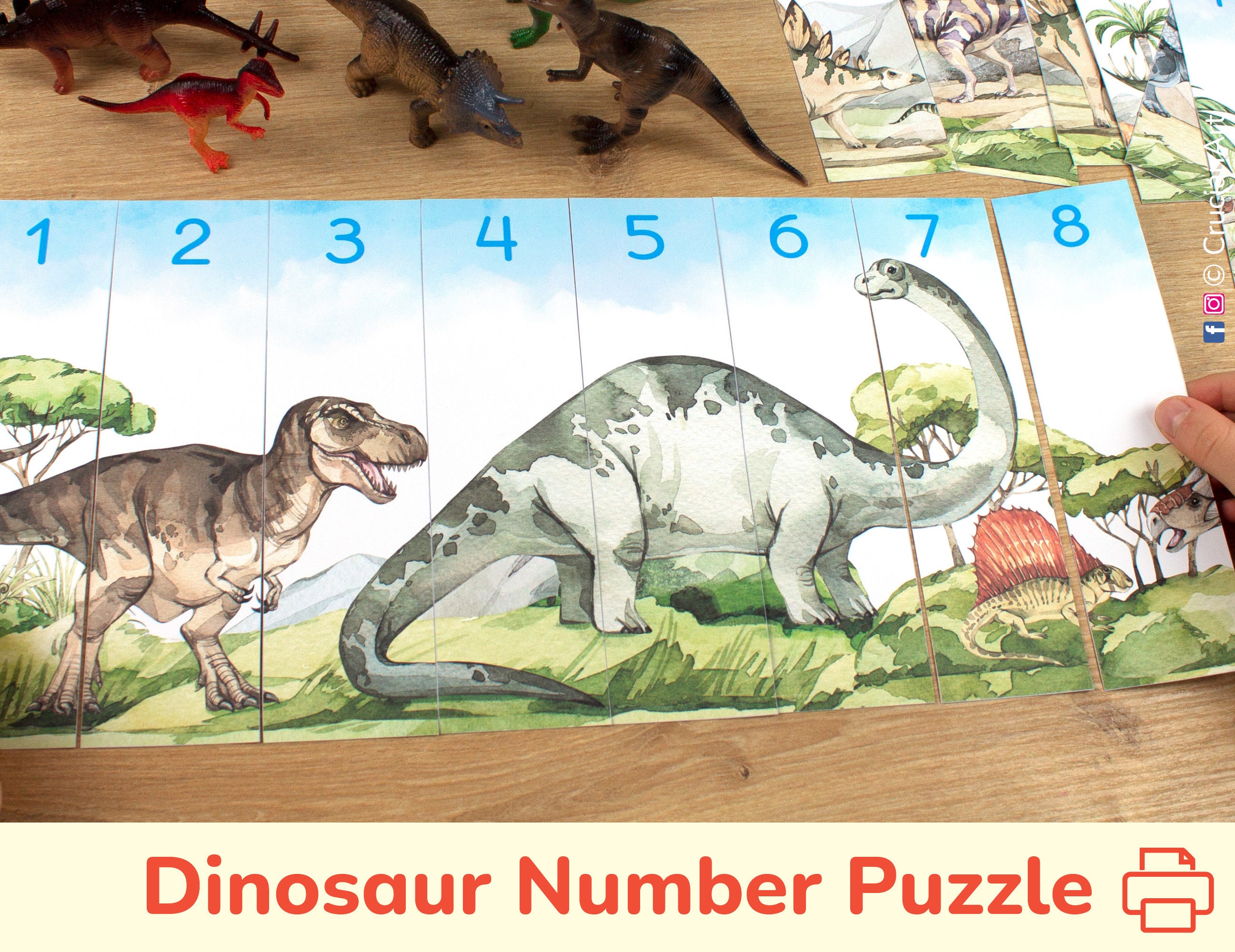 Dinosaur Number Puzzle 1-20.  Dino Numbers Sequence Activity. Preschool Counting Activities. Homeschool Printable Educational Resource.