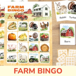 Farm Themed Bingo Game: Printable Preschool, Kindergarten, Toddler Activity. Classroom and Homeschooling Printables.