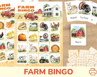 Farm Themed Bingo Game: Printable Preschool, Kindergarten, Toddler Activity. Classroom and Homeschooling Printables.