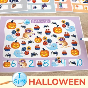 I Spy Halloween Counting Activity. Fall I Spy Activity Sheet. Autumn Printable Worksheets. Preschool, Kindergarten Count to 10 Activities.