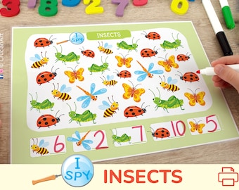 Bugs & Insects I Spy Counting Activity. Preschool, Pre-K, Kindergarten Printable Worksheets. Count to 10 Activities.