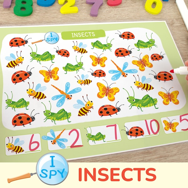 Bugs & Insects I Spy Counting Activity. Preschool, Pre-K, Kindergarten Printable Worksheets. Count to 10 Activities.