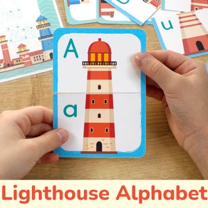 Pares de rompecabezas del alfabeto del faro: hojas de trabajo de seguimiento de letras y tarjetas coincidentes imprimibles. Actividad ABC del mar. Rompecabezas de combinaciones para preescolares para niños pequeños