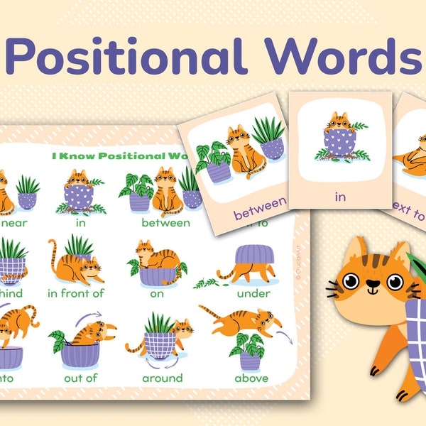 Positional Words Printable Cards. Prepositions Learning Practice. Prepositional Words, Parts of Speech Kindergarten, Preschool, Pre-K