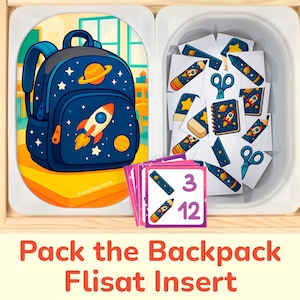 Back to School Flisat Insert: Pack the Backpack Sort and Count Preschool Printable Activity for Sensory Table Bins, Flisat Insert Template.