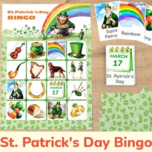 May include: St. Patrick's Day Bingo game with a green shamrock design. The game board has 25 squares with images of a leprechaun, a pot of gold, a rainbow, a harp, a horseshoe, a pipe, a fiddle, a calendar with March 17th, a bagpipe, a loaf of bread, a shamrock, and a green hat.