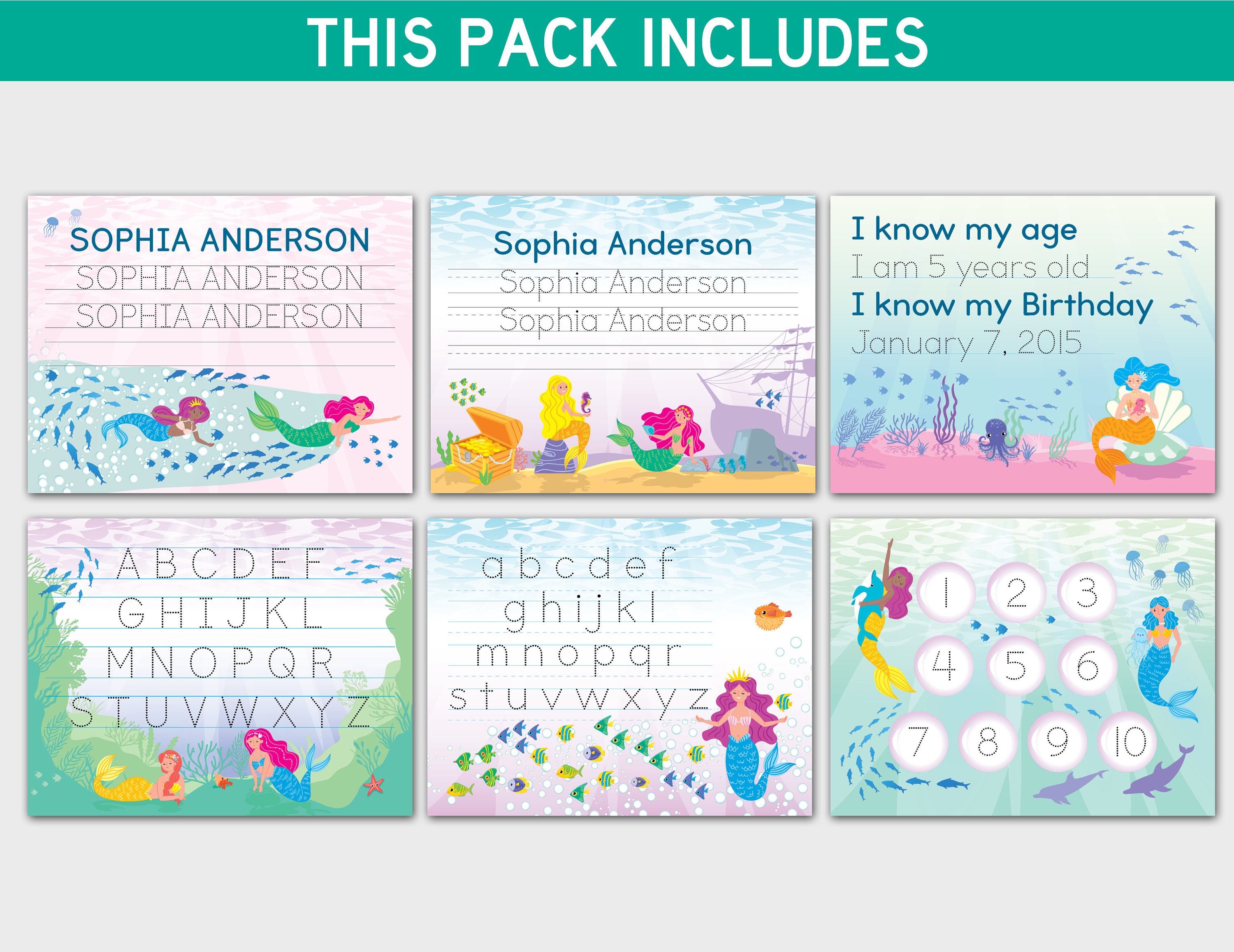 Custom Name Tracing Practice. Mermaid Handwriting Trace Personalized ...