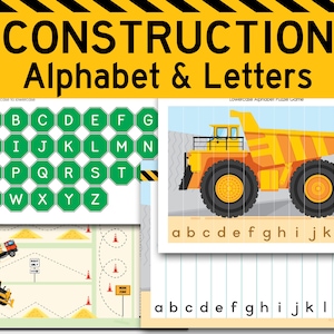 Cahier chargé de l'alphabet des camions de construction. Cartable d'apprentissage imprimable ABCs véhicules pour garçons. Préscolaire, Préscolaire