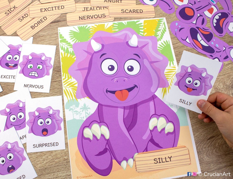 Dinosaur Themed Emotions and Feelings Printable Activity. Dino Toddler, Preschool Matching Play. image 2