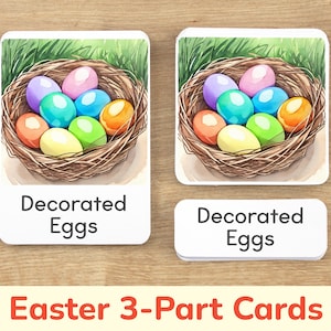 Tarjetas de Pascua de tres partes: tarjetas visuales y combinación de palabras. Generador de vocabulario de primavera. Actividad de aprendizaje imprimible. Recursos para el hogar y la escuela.