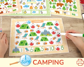 Camping I Spy Counting Activity. Preschool Learning Worksheets. Printable Count to 10 Summer Activities. Kindergarten Educational Resource.