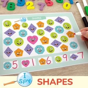 Shapes I Spy Counting Activity. 2D Shapes Printable Worksheets. Preschool, Kindergarten, Homeschool Count to 10 Number Activities.