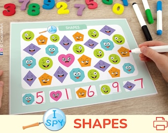 Shapes I Spy Counting Activity. 2D Shapes Printable Worksheets. Preschool, Kindergarten, Homeschool Count to 10 Number Activities.