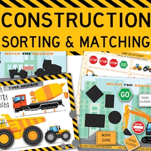 Construction Vehicles Sorting & Matching Printable Busy Book. Truck Themed Learning Binder. Toddler, Preschool DIY Activity Book for Boys.