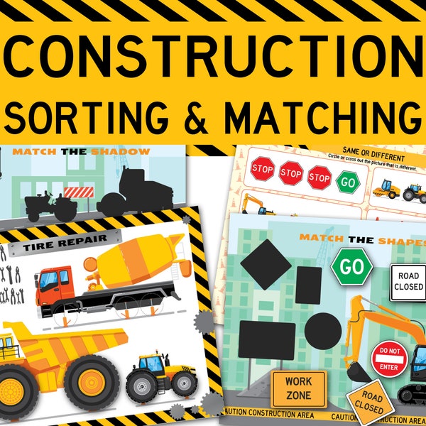 Construction Vehicles Sorting & Matching Printable Busy Book. Truck Themed Learning Binder. Toddler, Preschool DIY Activity Book for Boys.