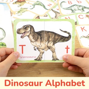 Dinosaur Alphabet Puzzle Pairs. Dino ABC Matching Cards. Toddler Preschool Printable Activity. Match and Trace Letters Educational Resource.