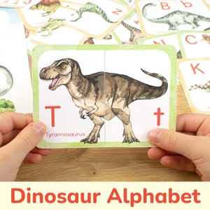 Rompecabezas de pares de letras de dinosaurios. Tarjetas de emparejamiento con el abecedario de dinosaurios. Actividad imprimible para niños en edad preescolar. Recurso educativo para unir y trazar letras.