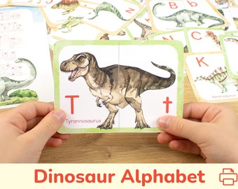 Dinosaur Alphabet Puzzle Pairs. Dino ABC Matching Cards. Toddler Preschool Printable Activity. Match and Trace Letters Educational Resource.