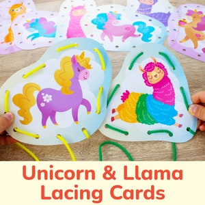 Einhorn & Lama druckbare Schnürkarten für Mädchen. Feinmotorisches Bindespielzeug für Kleinkinder und Kinder im Vorschulalter
