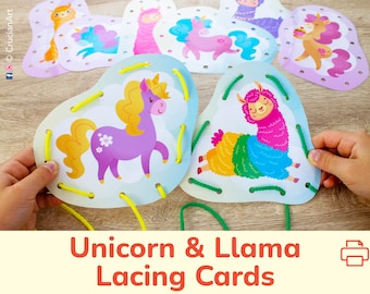Unicorn & Llama Printable Lacing Cards for Girls. Fine Motor Skill Tying Toy for Toddler and Preschooler