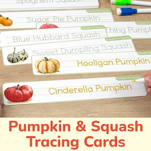 Pumpkin & Squash Tracing Strips: Printable Educational Activities, Preschool Kindergarten Worksheets, Fall Homeschool Educational Printables