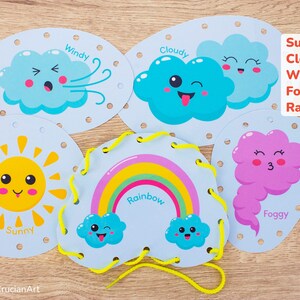 WEATHER Lacing Cards. Printable Fine Motor Skill Tying Toy for Toddler and Preschooler. Preschool Activity image 4