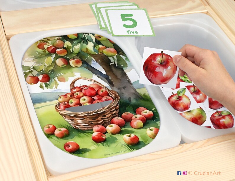 Count apples and fill the basket printable Flisat insert for Trofast sensory bin. Interactive addition to the fall harvest unit for toddlers.