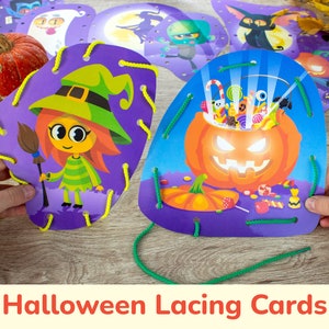 HALLOWEEN Printable Lacing Cards. Toddler and Preschool Fine Motor Skill Tying Toy. Halloween Preschooler Activities for Fall Autumn Unit.