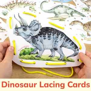 Cartões de laço de dinossauro. Atividade infantil e pré-escolar com tema Dino. Atividades de amarração de habilidades motoras finas para impressão. Material de aprendizagem escolar em casa.