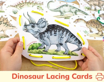 Dinosaur Lacing Cards. Dino Theme Toddler and Preschool Activity. Printable Fine Motor Skill Tying Activities. Homeschool Learning Material.