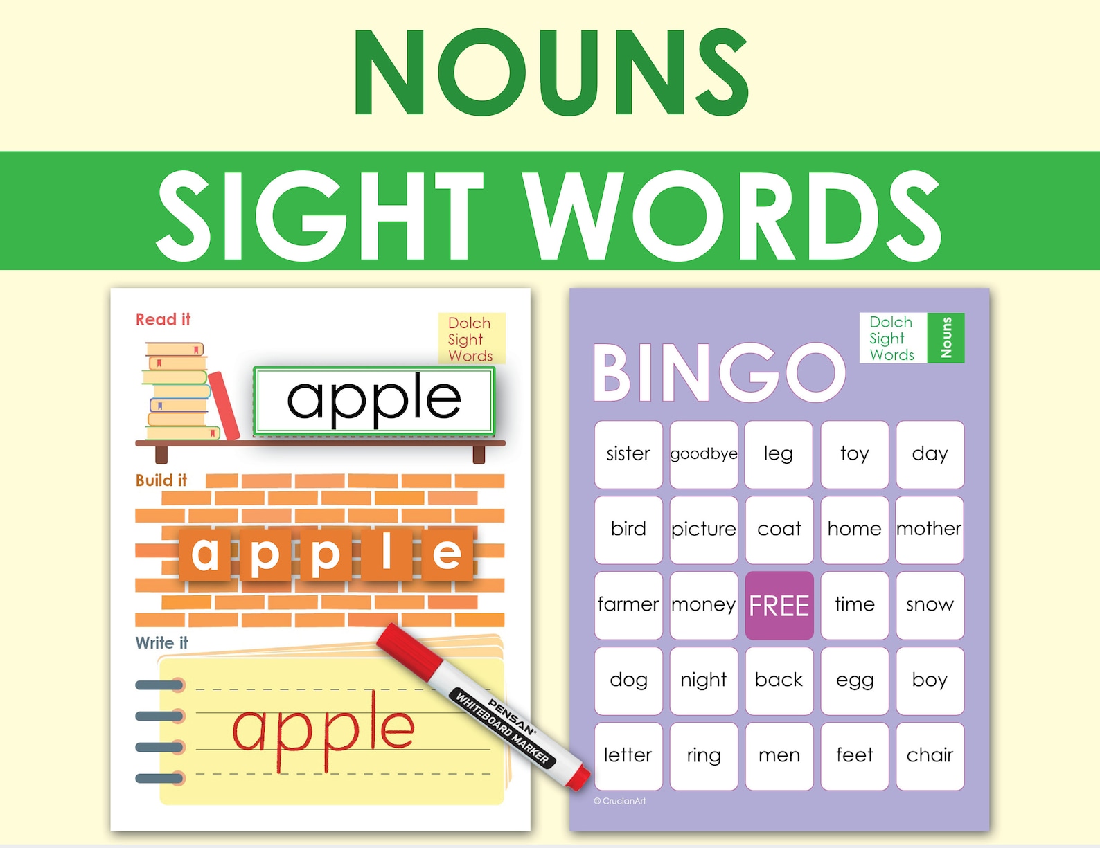 Nouns DOLCH Sight Words Printable. Printable Sight Word Bingo, Flash ...