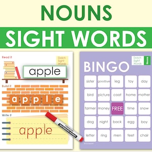 Substantivos DOLCH Sight Words para impressão. Bingo de palavras à vista para impressão, cartões flash e planilha de prática.