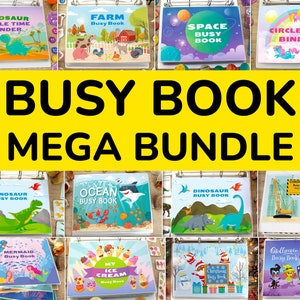 May include: A collection of 10 colorful busy books for kids. The books feature themes like dinosaurs, farm animals, space, ocean, mermaids, ice cream, construction, Christmas, and Halloween. Each book has a clear plastic cover and a binder ring.