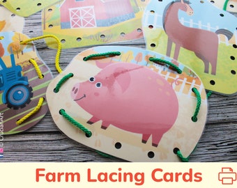 Farm Printable Lacing Card. Fine Motor Skill Tying Toy for Toddler