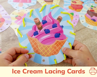 Ice Cream Lacing Cards. Fine Motor Skill Tying Toy for Toddler and Preschooler
