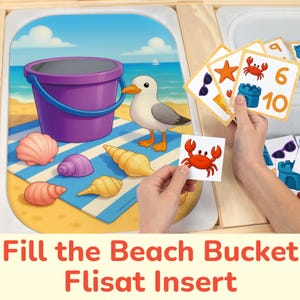 Fill the Beach Bucket Flisat Insert: Sort and Count to 12 Printable Activity for Sensory Table Bins, Preschool Ocean Flisat Insert Template.