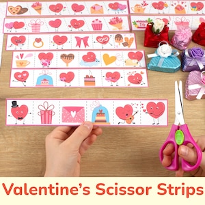 Könnte beinhalten: Schneide-Streifen zum Thema Valentinstag für Kinder. Die Streifen zeigen Bilder von Herzen, Geschenken und anderen Valentinstags-Motiven. Die Streifen sind so konzipiert, dass sie mit einer Schere auseinandergeschnitten werden können.