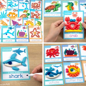 Printed playdough mat templates for preschool classroom. Ocean animals theme set: shark, crab, whale, octopus, squid, shrimp, puffer fish, seashell.